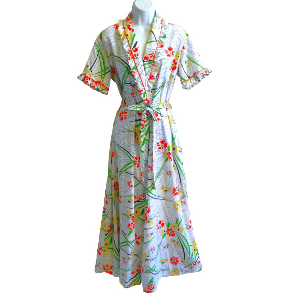 Hostess Dress Vintage Evelyn Pearson Mod Floral Ruffle Shawl Self Tie Long Maxi